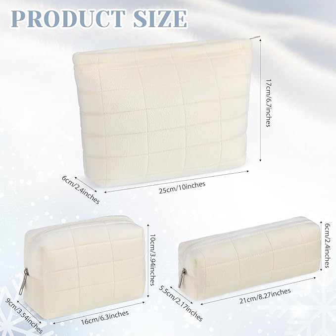 Huhumy 3 Pcs Puffy Makeup Bag Set Quilted Plush Emergency Pouch for Women Cute Checkered Travel Toiletry Bag Puffer Aesthetic Makeup Organizer Cosmetic Purse Pouch Preppy Pencil Case (White)