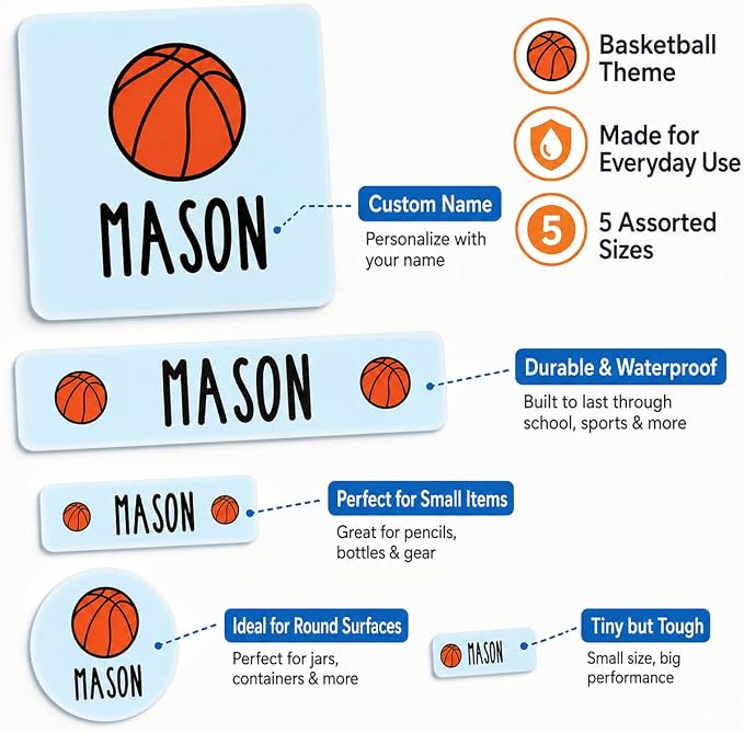 Andaz Press Custom Personalized Waterproof School Name Labels, Basketball, 120-Pack, Kids Labels Combo Pack, Customizable Multi-Use Name Stickers for Preschool, Daycare, Back To School Supplies, Sport