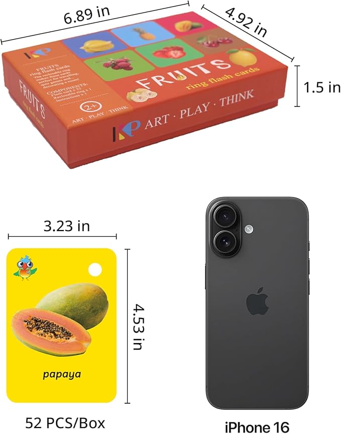 52 Pcs Kids Fruit Flash Cards Gift for Toddler Sight Words with Pictures Preschool Flash Cards Kindergarten Learning Activities with Rings (Fruit)