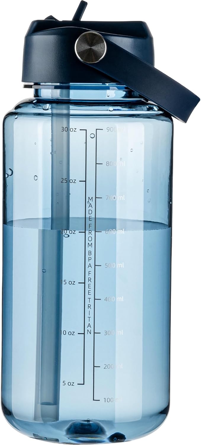 OLDLEY 32 oz Clear Water Bottle with Straw,Tritan BPA-Free, Wide Mouth, Leak Proof - for Gym, Travel, Home, School, Office (Midnight Blue)