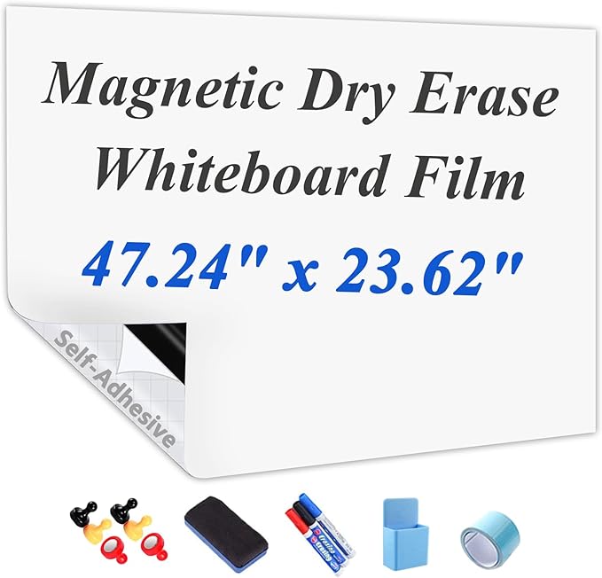 Self-Adhesive Dry Erase Whiteboard Sticker, 47.24" x 23.62" Magnetic Receptive White Board Wall Film, No Ghosting, Easy Write & Clean | Peel & Stick for Office, Home & Classroom,Incl. Accessories