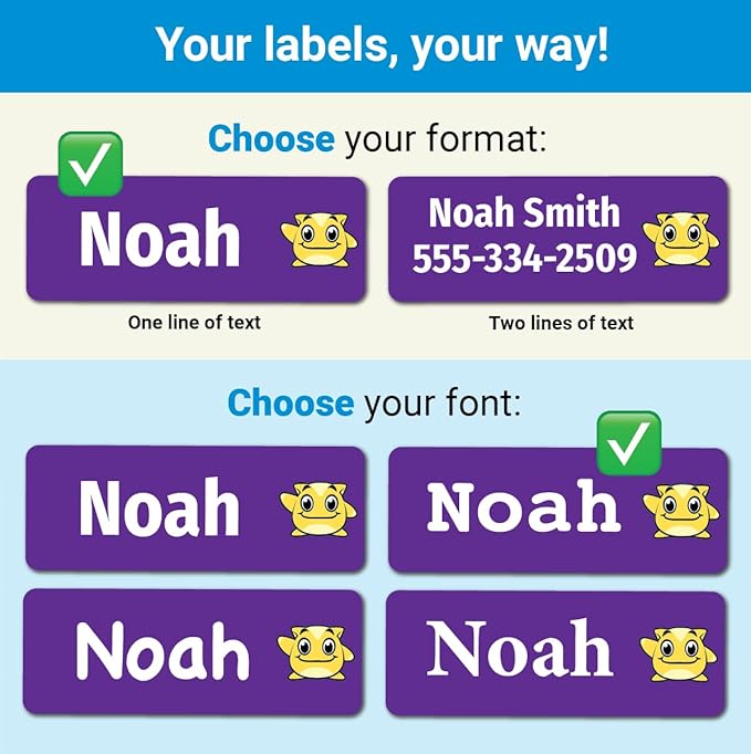 Kids Personalized Name Labels for School, Camp, Daycare (128 Labels) Custom Peel and Stick Waterproof Name Tags Stickers for Water Bottles, Lunch Boxes, Clothing, School Supplies (Monster)
