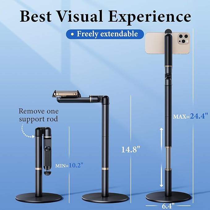 Angle Height Adjustable Phone Holder for Desk [10"-25"] - Retractable Cell Phone Holder for Video Recording Cooking Excising Working Reading -Aluminum iPhone 17 16 15 14 Pro Max Air Stand
