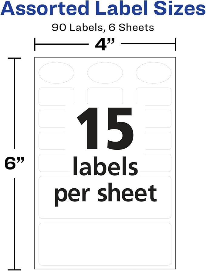 AVERY No-Iron Fabric Labels, White | Washer and Dryer-Safe | Non-Printable | Assorted Shapes | 90 Labels, Pack of 18