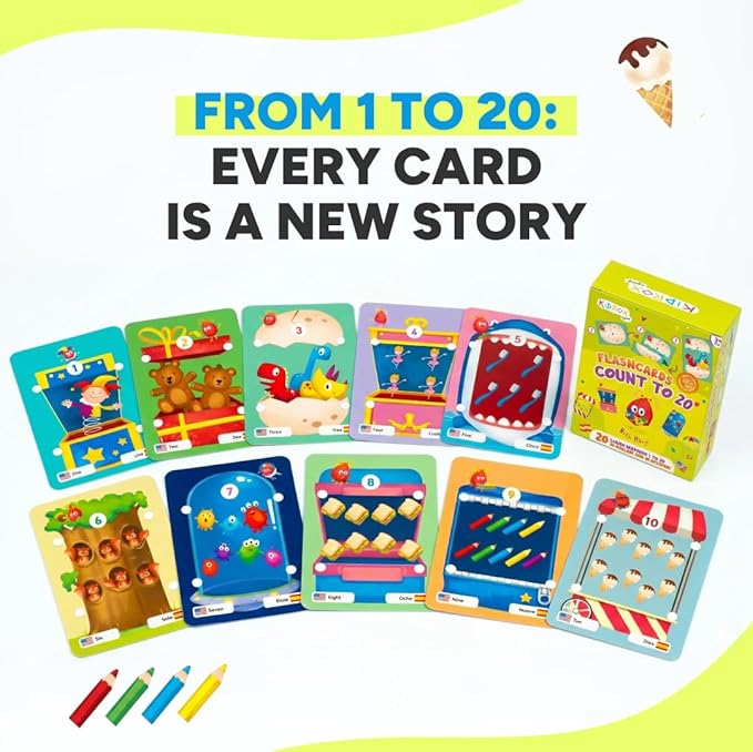 KIDROX Count to 20 Flashcards – Open & Discover Hidden Surprises! Learn Numbers 1–20 in English & Spanish with Marji | 20 Fold-Out Cards | Fun Counting Game for Kids 3+
