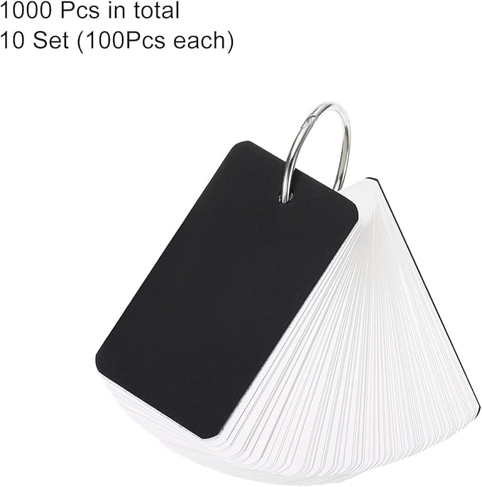 PATIKIL Blank Index Cards with Ring, 1000Pcs Blank Flash Card 2.8x1.6" Study Note Cardstock for Memory Learning Studying Office Supplies, Black White