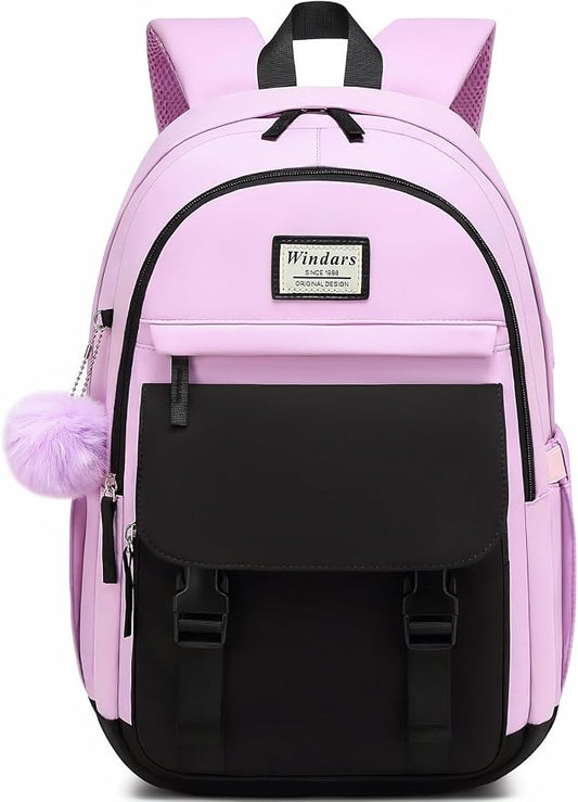 WINDARS School Backpack for Teen Girls, Cute College Backpacks for Women Students Aesthetic Bookbag Large 15.6 Inch Laptop Bag Middle School Travel Back Pack (Black Purple)