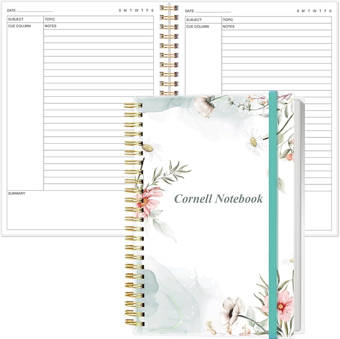 Yaridar A5 Cornell Notes Notebook - College Spiral Cornell Notebooks for Note Taking, Subject College Ruled Steno Pads for Office/School/Home, 5.8" x 8.5", Pink Flower