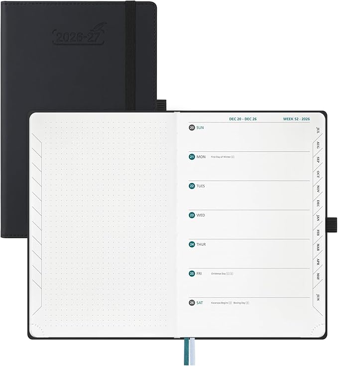 BEZEND Weekly Planner 2026 2027 Dot‑Grid Journal in One (5.5" x 8.5") 12 Month Academic Calendar with Tabs (Jul.26-Jun.27) for Student/School, 100gsm Thick Paper, PU Leather Hardcover - Black