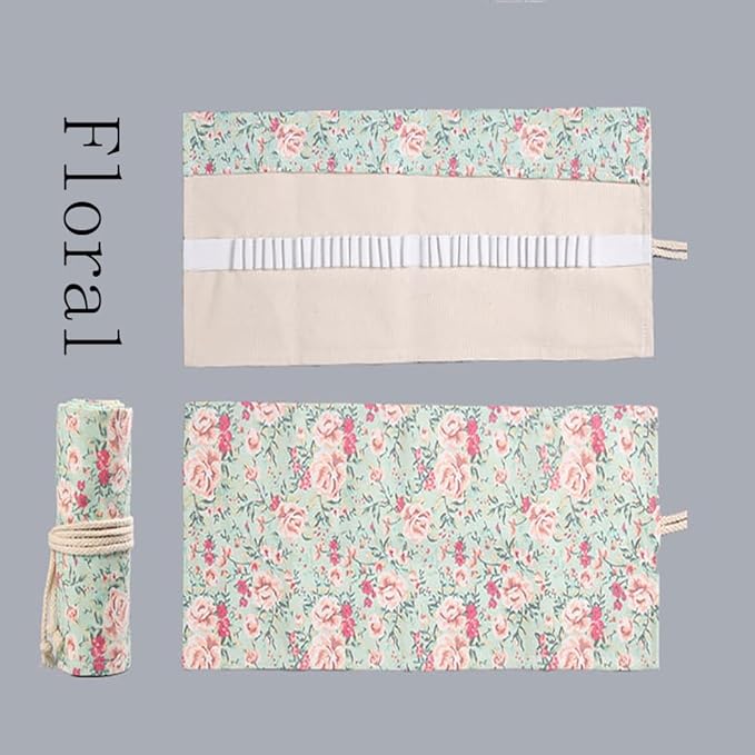 DIYOMR 24/36/72 Slots Pencil Wrap Pencil Rolls, Artist Colored Pencils Roll Up Bag Short Brushes Pouch Case Pencils Organizer for Drawing Coloring and Sketching (Small Floral, 24slots)
