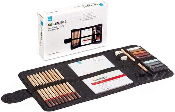 KINGART DRAWING & SKETCHING 25 pc. TRAVEL SET, Graphite, and Charcoal Pencils & Pastels plus Supplies, Art Drawing Kit for Adults, Teens, Beginner to Pro, Ideal for Shading, Blending, 25 pc.