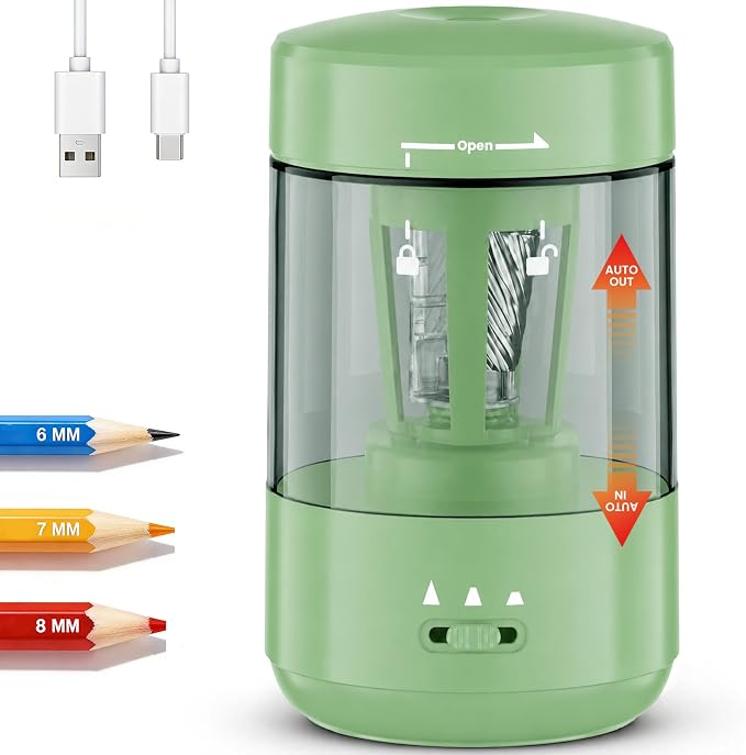 Electric Pencil Sharpener for Classroom, Fully Automatic, Green