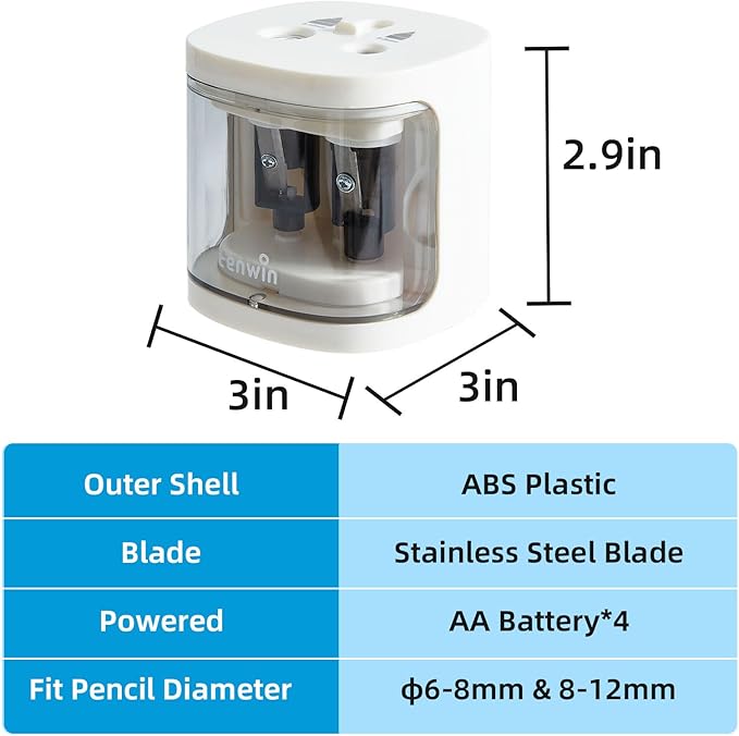 tenwin Electric Pencil Sharpener, Dual Hole Pencil Sharpeners Battery Powered, Small&Portable, Fit for 6-12mm No.2/Colored Pencils, Kids, School/Home (White)
