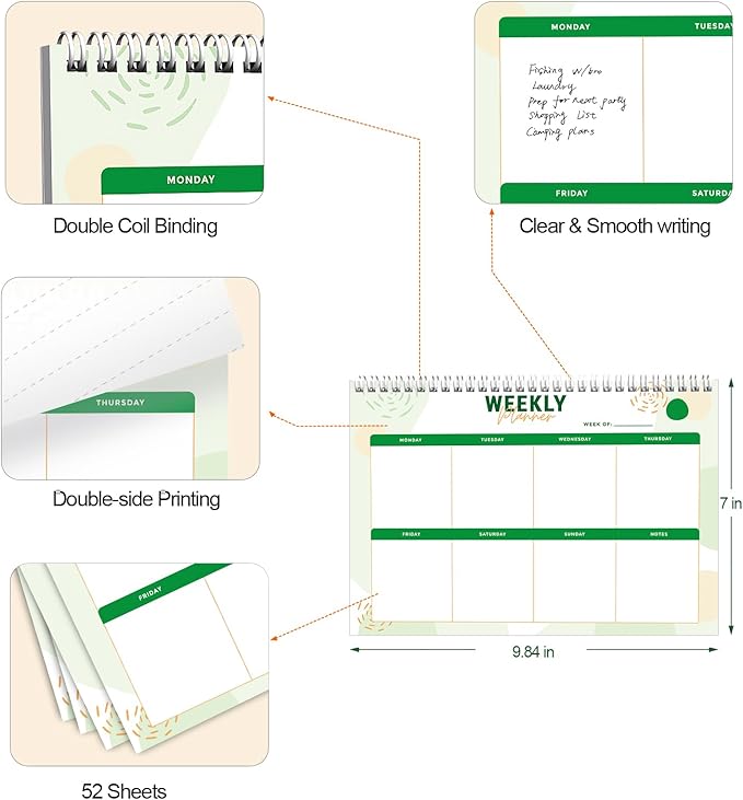 Weekly Planner Notebook, To Do List Notepad with 52 Undated Sheets 6.9"×9.8" - Weekly Organizer for Women & Man, Work, Study, and Daily Life, B5-LG