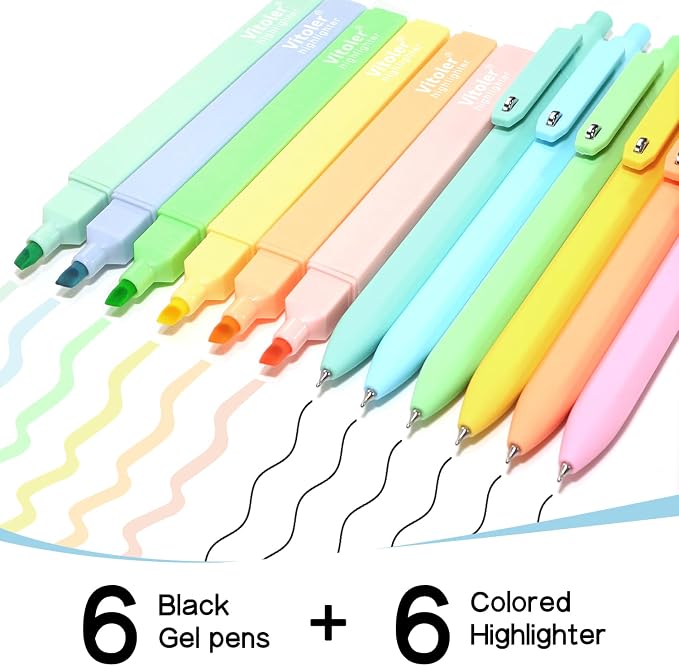 Vitoler Highlighters and Gel Pens set 12 Packs，No Bleed Fast Drying Pens | for Teacher Nurse Study, Journaling and Office Supplies