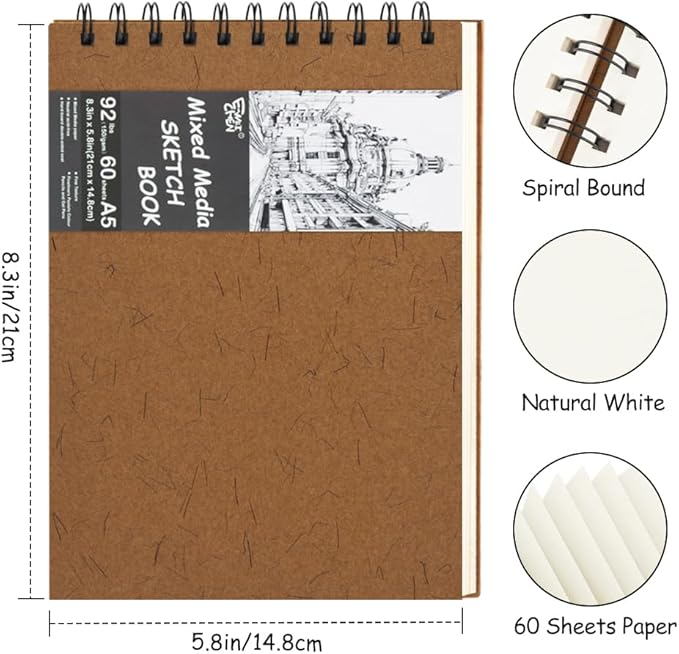 8.3x5.8 Sketch Book, Top Spiral Bound Sketch Pad, 60sheets 92lb/150gsm Nature White Paper, Acid-Free Mixed Media Paper for Painting, Dawing & Art Supplies.N-Coffee