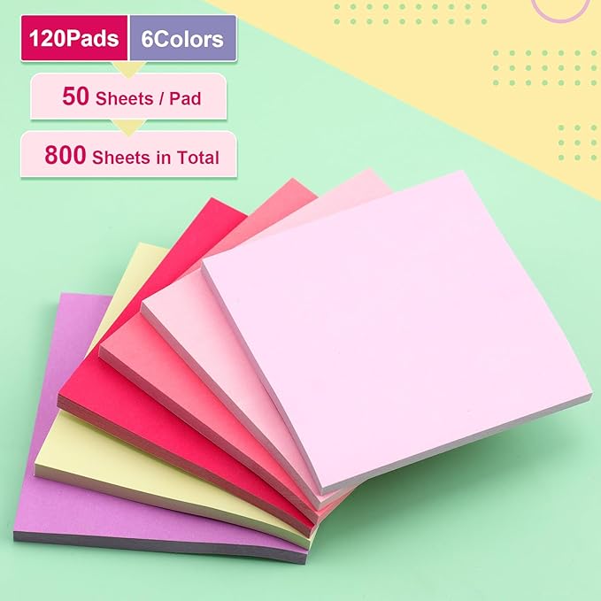 Fainne 120 Pack Sticky Notes Bulk 3 x 3 inch Self Stick Note Pads Multicolor Paper Memo for Office School Supplies Student Teacher Classroom Back to School Essentials, 50 Sheet/Pad(Vivid Color)