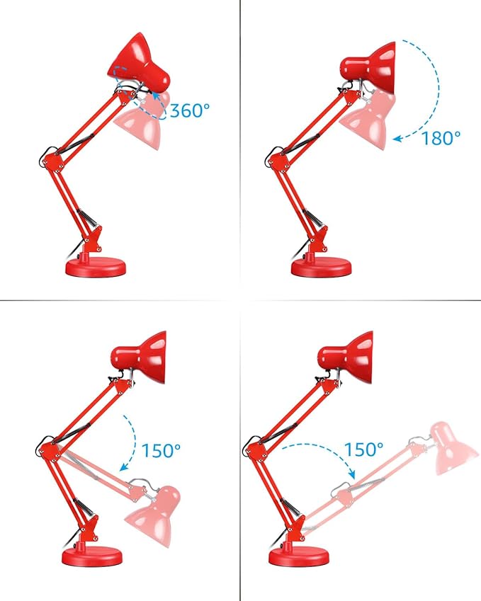 TORCHSTAR Metal Desk Lamp with Clamp, Swing Arm, Architect Adjustable Gooseneck Table Lamp, Clip Desk Lights for Home Office, Work, Study, Reading, E26 Base, Multi-Joint, Red