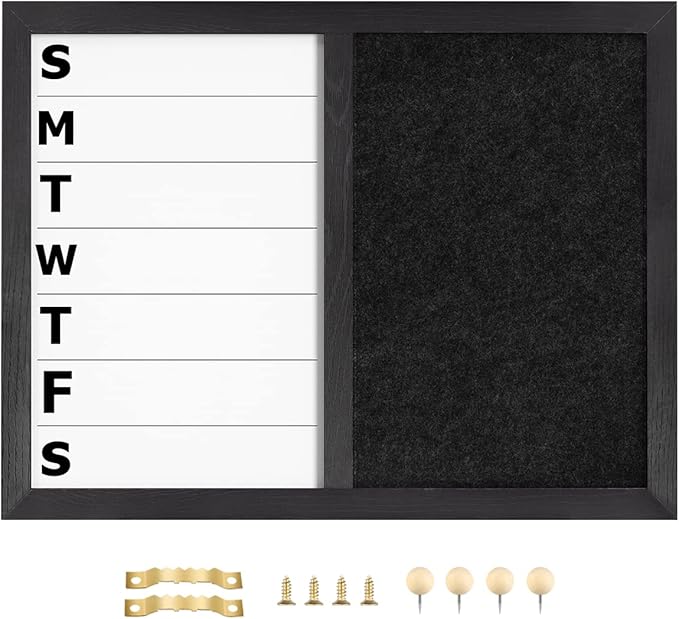 13" x 17" Magnetic Weekly Dry Erase White Board and Felt Board, Black Wood Frame，Magnetic Surface Whiteboard for Home Office and Wall Decor(ZHZL-3343)