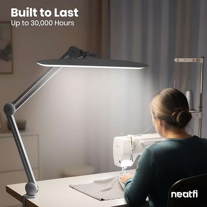 Neatfi XL 2200 Lumens 24W LED Desk Lamp – Shadow-Free Task Lighting | 4-Level Dimming | Home Office & Crafts Use | 20-Inch Wide Head (Silver, Non-CCT with Clamp)