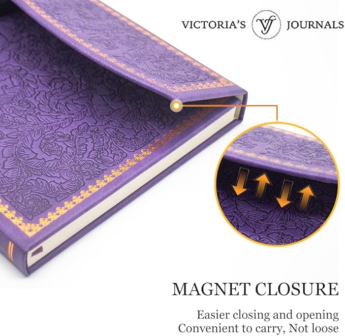 VICTORIA'S JOURNALS Magnet Journal, Carving Vintage Notebook Faux Leather Hard Cover Personal Diary Lined Pages Ribbon Bookmark, 8'' x 5.7''