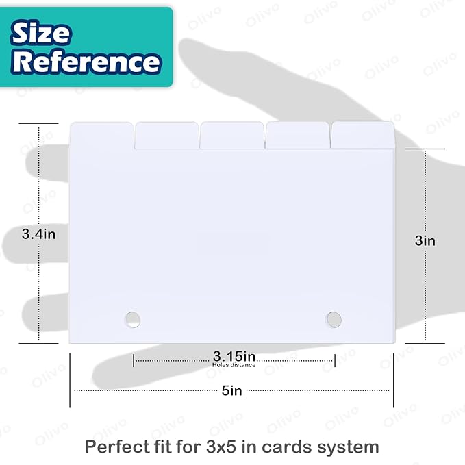 Olivo Plastic Index Card Dividers 3x5 Poly Index Card Guides Set with 1/5 Cut Tabs for A-Z Alphabet, 2 Holes Punched, White, 25 Pack