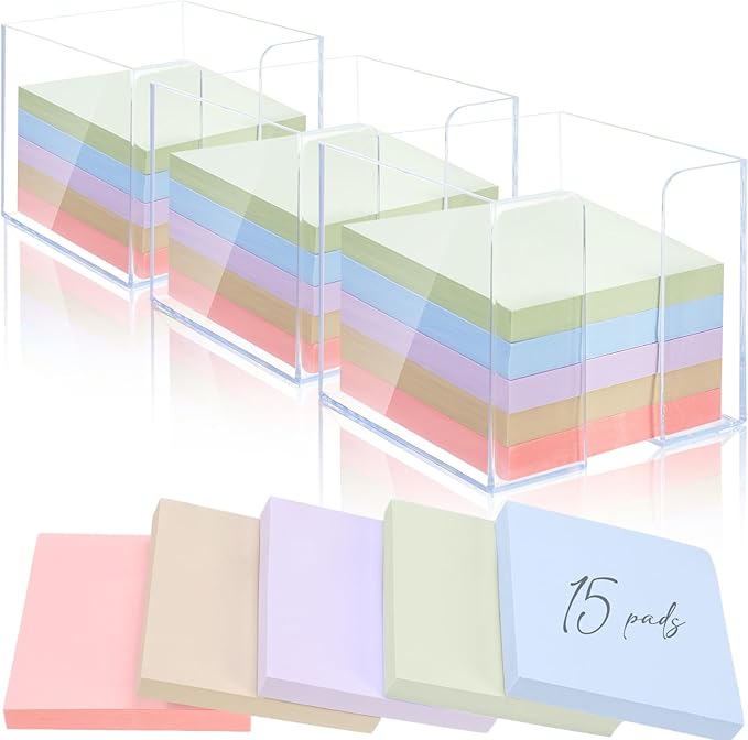 Fuyoooo 3 Pack Acrylic Sticky Note Holder with 15 Pads Morandi Color Sticky Notes Clear Sticky Note Holders and 3x3 Inch Sticky Note Set for Office Desk Meeting Supplies