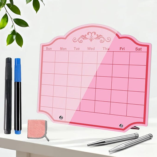 Calendar Dry Erase Board Acrylic Desk Whiteboard Weekly to Do List Memo Note Tabletop Monthly Planner with Stand Desktop Thickened Acrylic Pink 12" x 10" for Home Office School