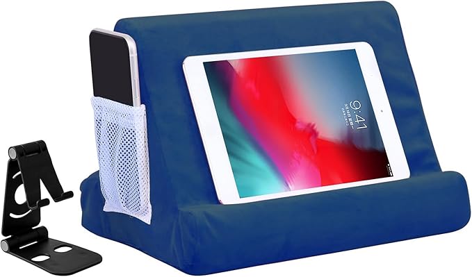 2pcs Multi-Angle Tablet Holder Cushion Stand with Net Pocket & Black Color Phone Stands Upgraded Tablet Pad Support for Phone,Pad,Books (Navy Blue)