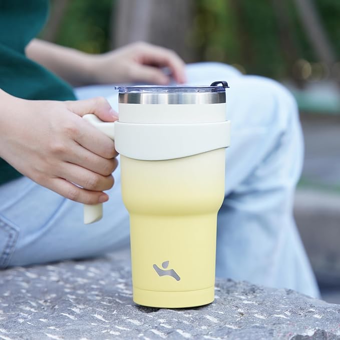 Konokyo 20 oz Tumbler with Handle and 2 Straw 2 Lid, Insulated Water Bottle Stainless Steel Vacuum Cup Reusable Travel Mug,Lemon