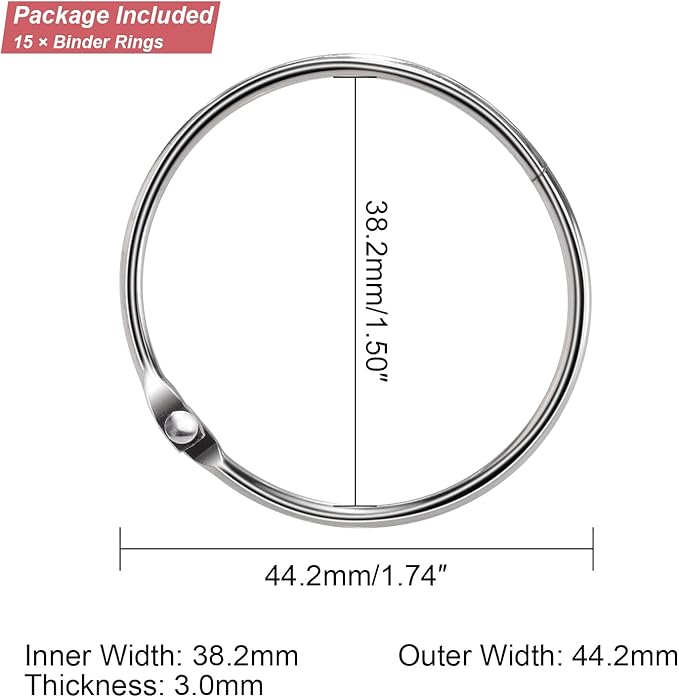 15 Pack 1-1/2" Metal Binder Rings Paper Loose Leaf Loop Book Clip 1.5" O-Rings for Key Ring, Scrapbook, Index Card, Silver, 38mm