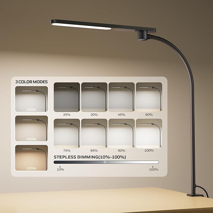 Honeywell HJ2 Sunturalux™ Clamp LED Desk Lamp, CRI≥97 Full-Spectrum Eye-Caring Light, 3 Color Modes & Stepless Dimming, 16" Flexible Gooseneck for Reading, Home Office, Art Creation (Black)