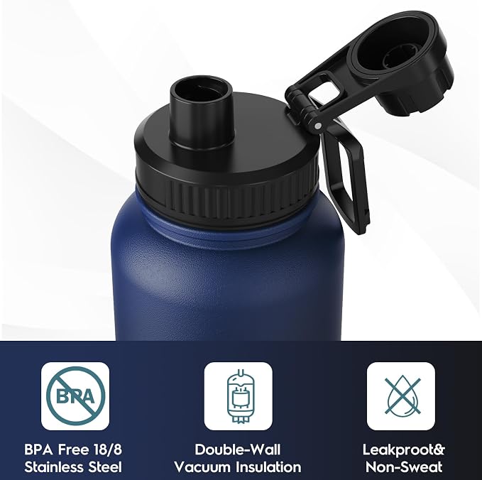 Navigate 40oz Insulated Water Bottle for Sports, Keep Cold 24H | 2-in-1 Spout and Handle Lids, Double Leak-Proof, 18/8 Stainless Steel, BPA-Free, Wide Mouth for Hiking,Blue to Black