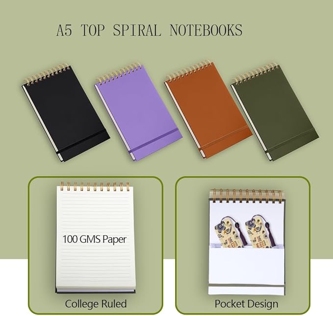 4 Pack Thick Superhard Cover A5 Top Steno Pads Spiral Notebook,Top Bound Notebooks Spiral 4x160 Pages, Inner Pocket College Ruled, Hardcover Steno Pads, Left-Handed Spiral Notepads for Work Brown