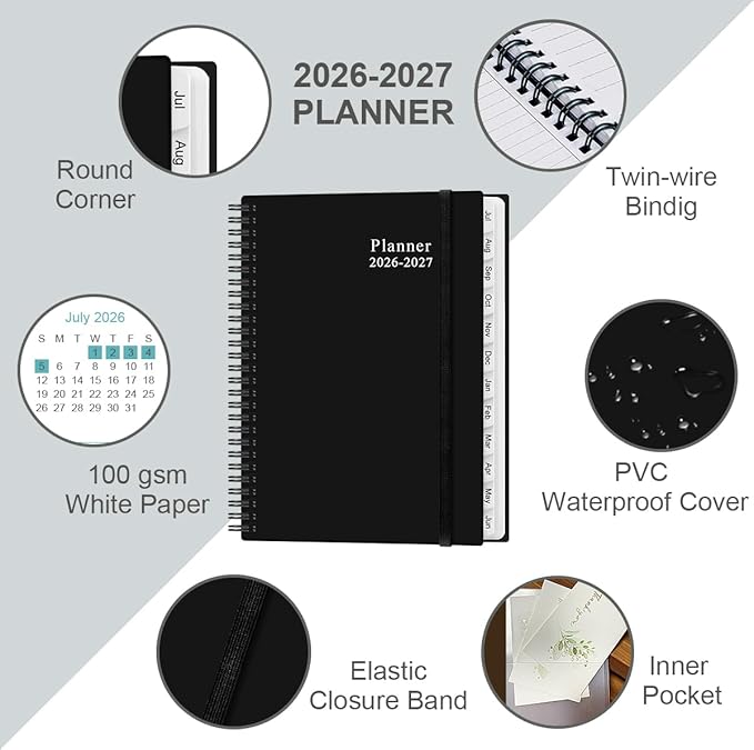 2026-2027 Planner - Planner 2026-2027 from July 2026 to June 2027 with 12 Monthly Tabs, Flexible Cover, Inner Pocket, 8.5" x 11", Black