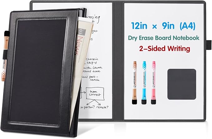 CoBak 2 Sides Portable White Board 12x9 inch (A4) - Notebook Design Dry Erase Board with Pocket and 3 Markers, Anti-Ghosting Set for Office, School, Homeschool (Black)