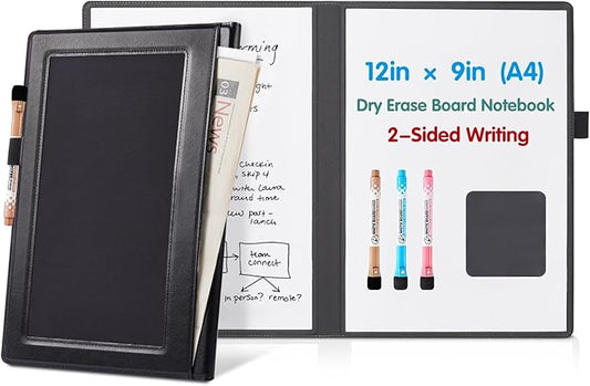 CoBak 2 Sides Portable White Board 12x9 inch (A4) - Notebook Design Dry Erase Board with Pocket and 3 Markers, Anti-Ghosting Set for Office, School, Homeschool (Black)