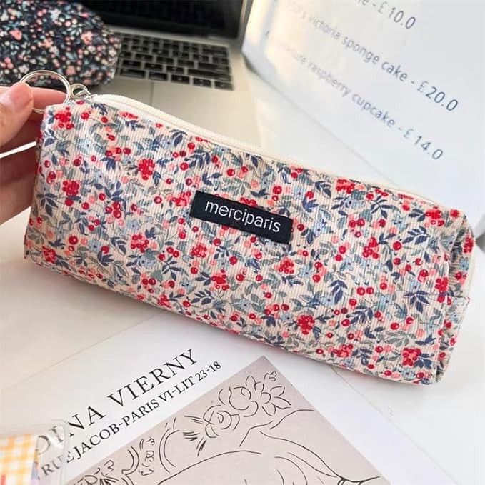 Pencil Pouch Cute Pencil Case Office Storage Bag Holder Box Organizer Aesthetic Bow Flower Pattern Makeup Pouch Cosmetic Bag for Women Girls