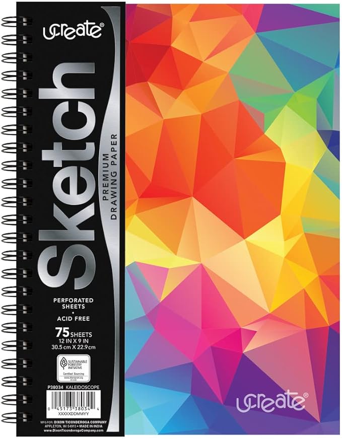 UCreate Fashion Poly Cover Sketch Book Kaleidoscope Design, 9" x 12", Multi-Color 75 Sheets