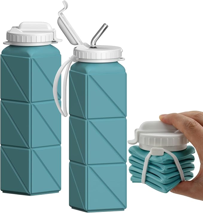 BEAUTAIL Collapsible Water Bottles with Straw 21 oz, Travel Water Bottle | BPA Free, Leakproof & Reusable, Silicone Foldable Water Bottle for Traveling, Hiking, School, Sports, Outdoor, 1-Pack, Blue