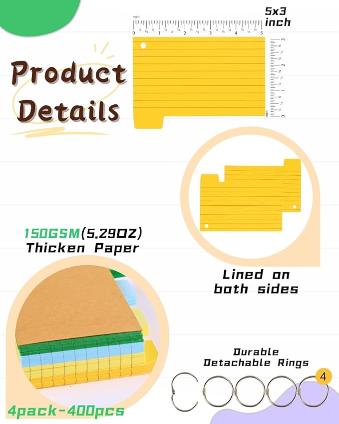 400PCS Tabbed Index Cards with Ring 3x5, Lined Colored Flash Card with Tabs, Assorted Colors Thicken Notecards School Supplies for Students Study Note Office Essentials (ColorA+ColorB+2White)