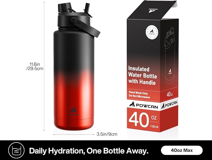 POWCAN 40 oz Insulated Water Bottle with 2-in-1 Straw and Spout Lid, Keep Cold 24H, Leak-Proof, BPA-Free, Double Wall Stainless Steel Water Bottle for Sports, Gym, Travel, Gift, and School (Ace)