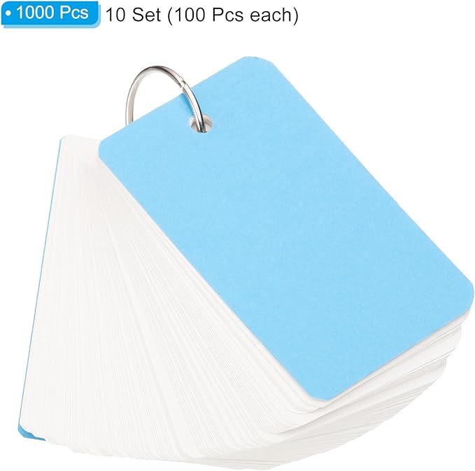 PATIKIL Blank Index Cards with Ring, 1000Pcs Blank Flash Card 3.5x2" Study Note Cardstock for Memory Learning Studying Office Supplies, Blue White