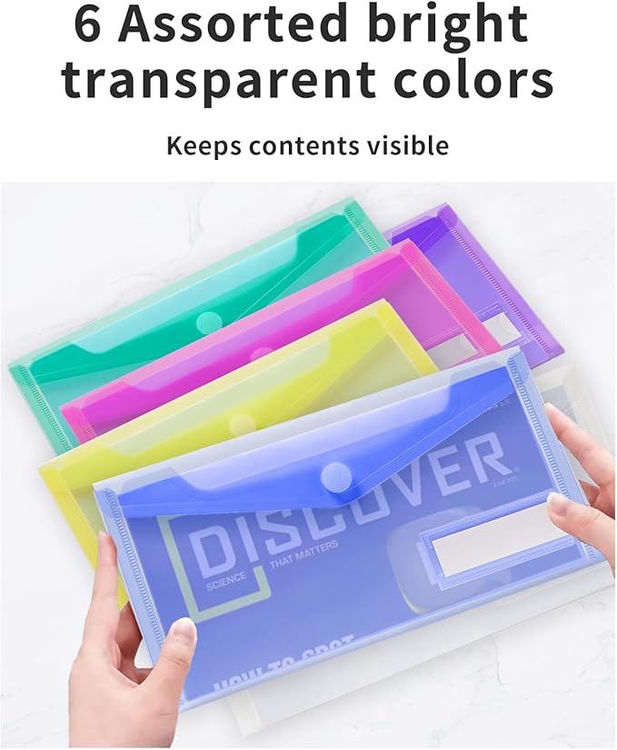 Sooez 24 Pack Plastic Pencil Pouch, Clear Poly Envelopes File Bill Bag with Label Pocket, Plastic Pencil Case Bulk for A6 Size Files Money Envelopes for Cash Storage, Teacher School Office Supplies