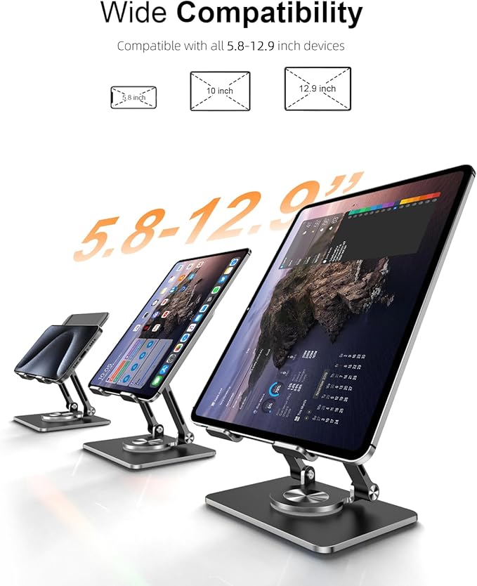 Orlian Tablet Stand Holder with Thickened 360°Rotating Base Dual Rod Adjustable Aluminum Stand for All 5.8-12.9” iPad Samsung Phone Tablet Kindle E-Reader and More, Black