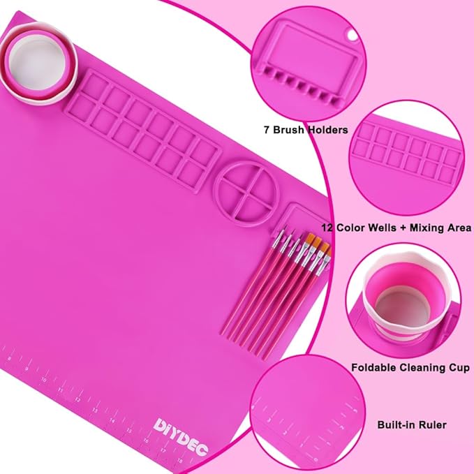 DIYDEC Silicone Painting Mat for Kids 20X16 Inch Large Art Mat with Detachable Cup &10 Painting Brushes Craft Sheets for Boy Girl Birthday Gift DIY Accessories (Rose Red)