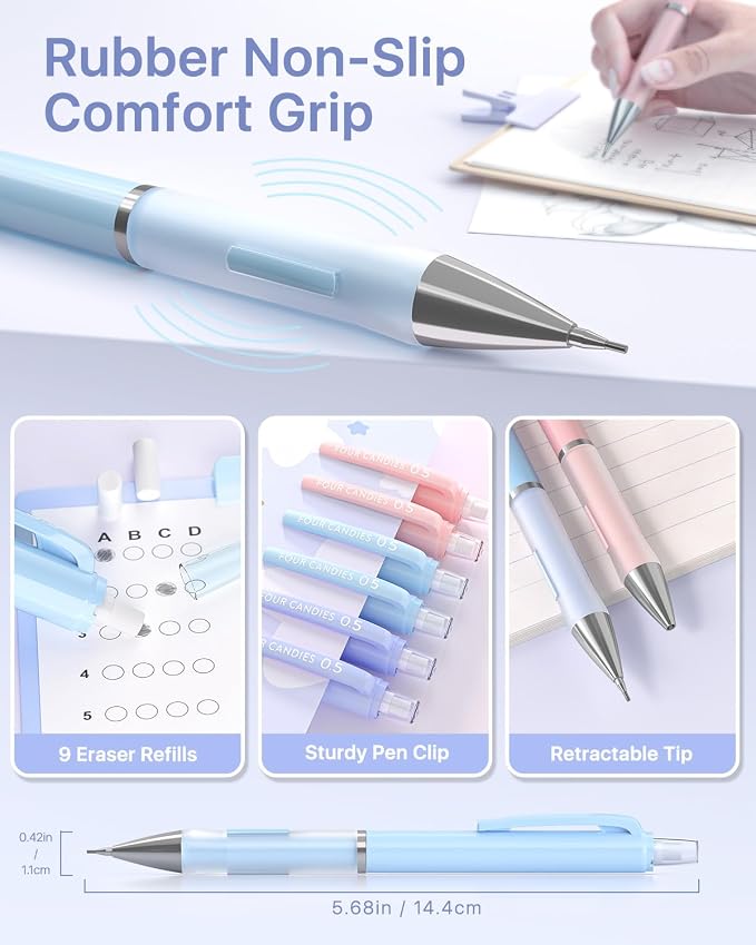 Four Candies Pastel Mechanical Pencil Set, 0.5mm Fine Point, Pack of 6 | 360 HB/2B Leads, 3 Erasers+9 Refills, Storage Case, Cute Pink/Purple/Blue Barrels, Rubber Grip, for Homework & Journal
