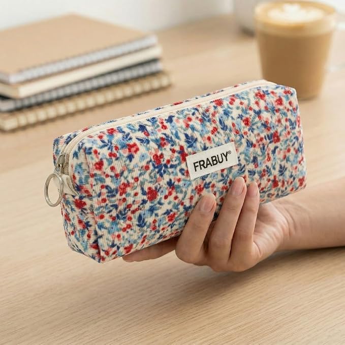 Soft Corduroy Pencil Case Pen Pouch Organizer, Small Stationery Bag | Cute beige small floral pencil pouch, smooth zipper, daily cosmetics holder, compact organizer for school teen girls, women