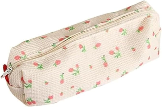 Pink Strawberries Women Fresh Style Pencil Bag Flower Floral Canvas Large Pen Pencil Pouch Bag Pencil Case Pen Holder Coin Pouch, Simple Cosmetic Storage Bags Makeup Bag Office Stationery Organizer
