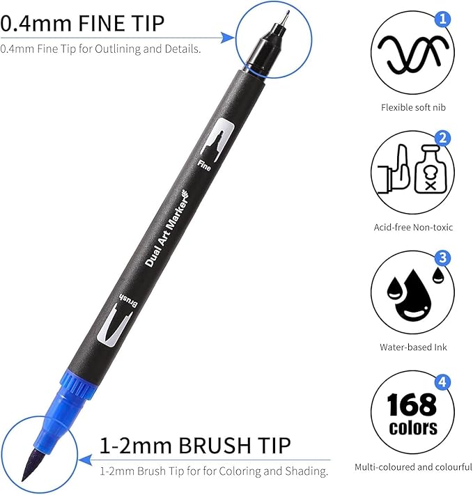 TOSHARE Art Markers Pens Dual Tip Coloring Markers Set with Brush & Fine Nib for Adult Coloring Book Brush Pens Professional Calligraphy & Drawing Art Supplies Kit for Adults (168 Colors)